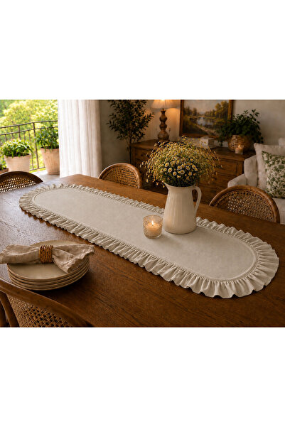 ŞAH TEXTILE DESIGN Oval taş rengi sık fırfırlı ,pileli keten runner 40x110