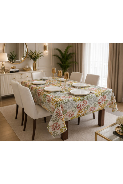 Zeren Home Mercan Desenli Keten Pembe Masa Örtüsü | Sıvı Geçirmez & Leke Tutm...
