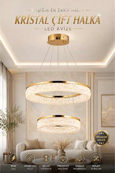 Elvora Home Modern (PREMİUM) Gold Mermer Desenli Kristal Taşlı LED Avize Salo...