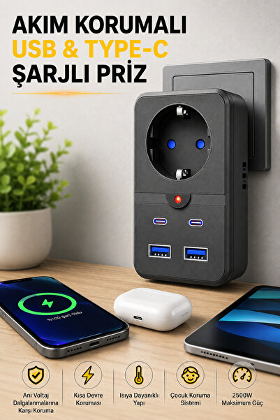 Montbell Akım Korumalı Priz Çoklayıcı 2 USB 2 Type-C Hızlı Şarj Adaptörü Term...