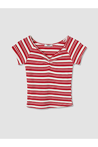 LC Waikiki Nevavm V-Neck Striped Gathered Blouse with a Difference