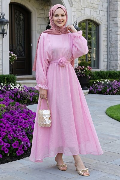 InStyle Bat Sleeve Rose Belted Pink Dress