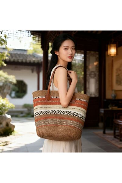 Generic Striped Straw Tote Bag & Wide Brim Sun Hat Matching Summer Set