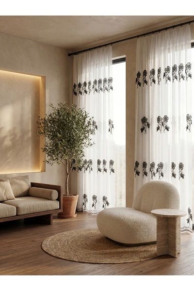 ArasyaHome Perdea Alba din In cu Broderie Florala Neagra
