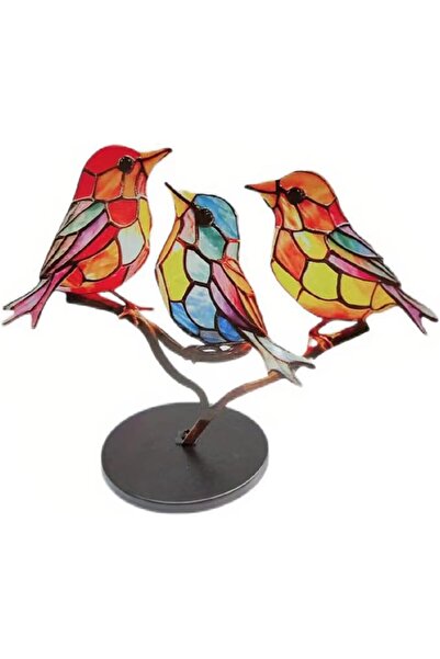 Generic Stained Glass Style Metal Birds Sculpture, 3 Colourful Birds on Branc...