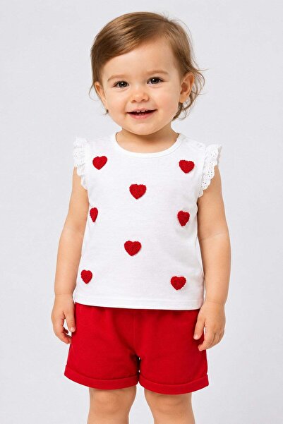 dinamik çocuk Baby Girl Heart Appliqued Summer 2-Piece Set with Scallop Sleev...