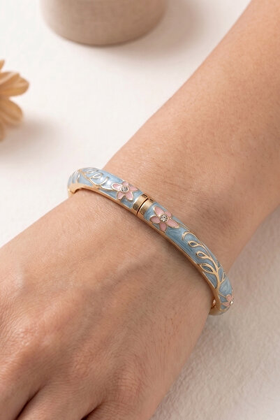 AURRARİ Blue Color Pink Flower Patterned Zircon Stone Handcuff Steel Bracelet