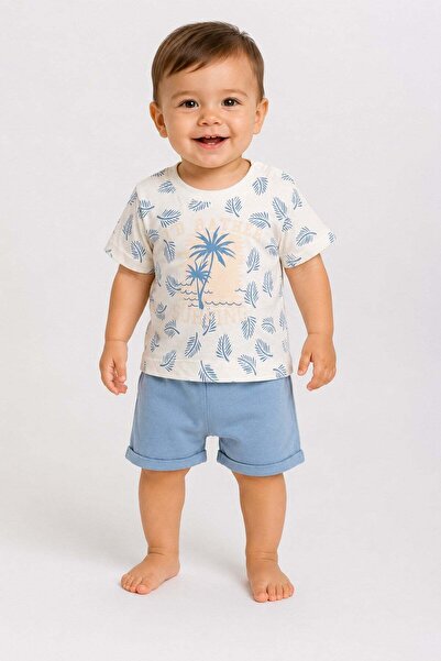 dinamik çocuk Baby boy summer palm tree print short sleeve cotton 2-piece out...