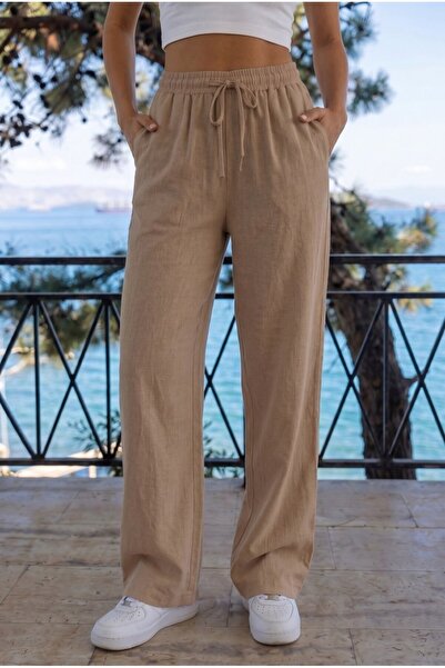 BİKELİFE Mink Linen Blend Loose-Fit Elastic Waist Pants