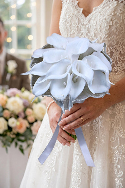 Yapay Çiçek Deposu İlk Işık Wet Gala Bridal Bouquet Set of 2 with Pearls and ...