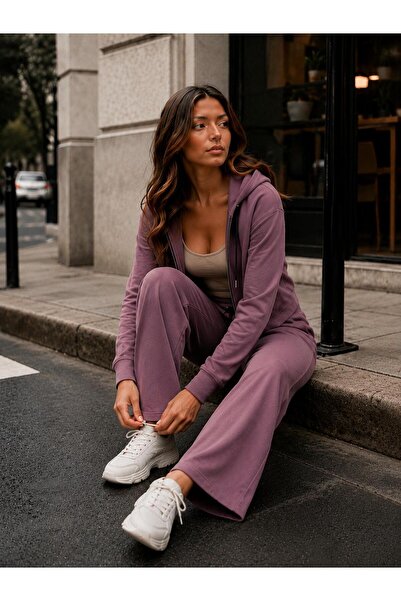 Mİ TİA ATELİER Women's Modal Fabric Relaxed Fit Hooded Top and Bottom Set
