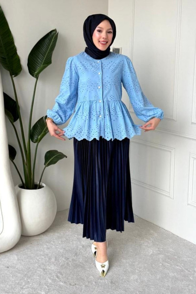 Tesettür Diyarı Lola Fisto Fabric Lined Hijab Shirt - Blue