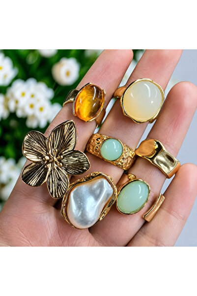 Takıtolia Begom Gold 7-Piece Multi-Adjustable Ring Set - Colorful Stone Flowe...