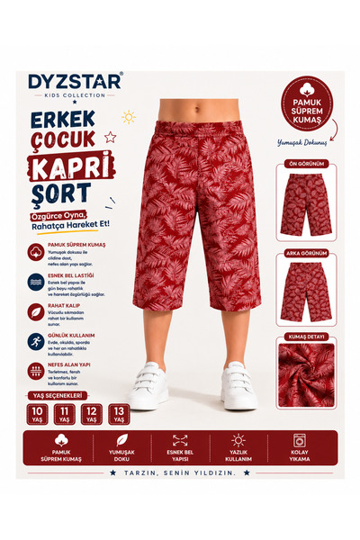DYZSTAR Erkek Çocuk Kırmızı Yaprak Desenli Kapri Şort Lastikli Bel Rahat Kalı...