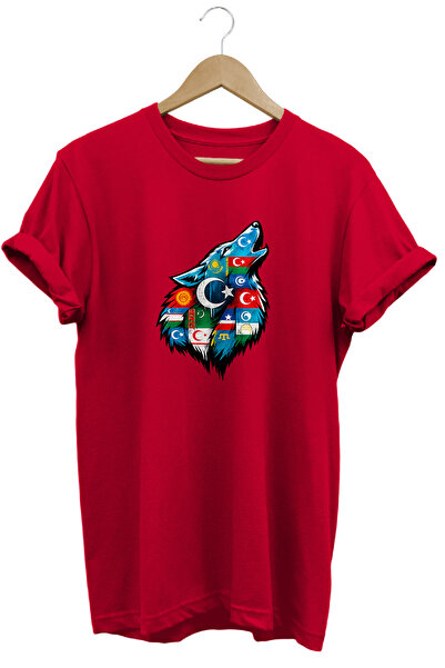 WİDİ Unisex Turkish States Flag and Bozkurt Printed Regular T-Shirt