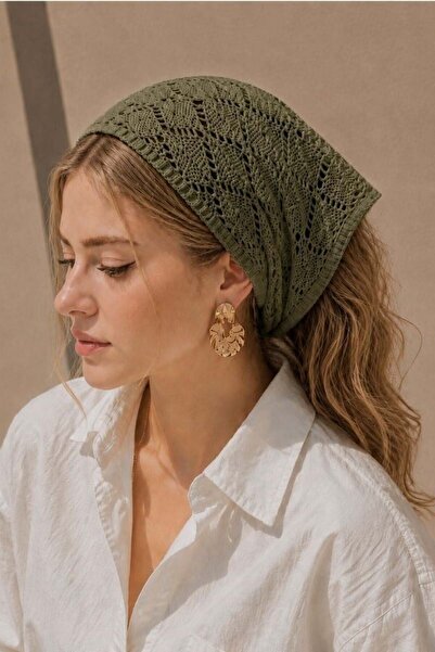 Irmak Kerekli Kadın Pamuklu Yumuşak Dokulu Delikli Triko Bandana 7011 Haki
