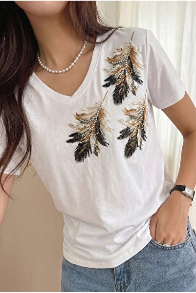 FEMELLE Black Feather Pattern Bead and Sequin Embroidered 100% Cotton V-Neck ...