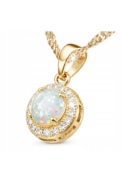 Larezo 925 Silver Necklace Gold Plated, Round Pendant With White Opal And Zir...