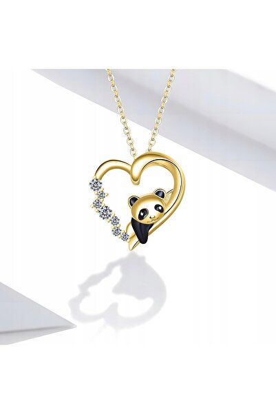Larezo 925 Silver Necklace with Gold Plated, Heart Pendant with Panda Bear, I...