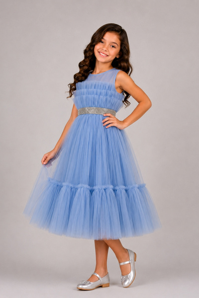 AHENGİM Girl's Princess Tulle Detailed Stone Belted Special Occasion Evening Dress Ak2615