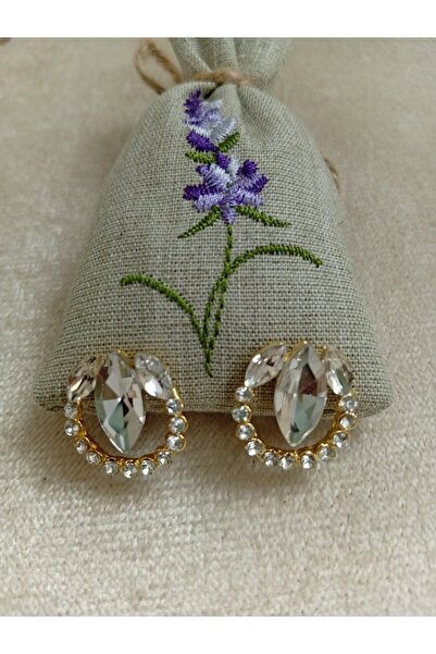Pervin Ablacım Gold White Stone Showy Steel Earrings