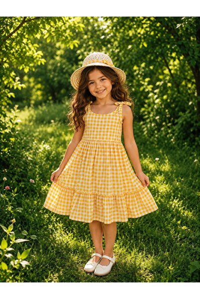 Kuzucuk Kids Bebek Çocuk Butik Kız Çocuk Sarı Ekose Desenli Askılı Yazlık Elb...