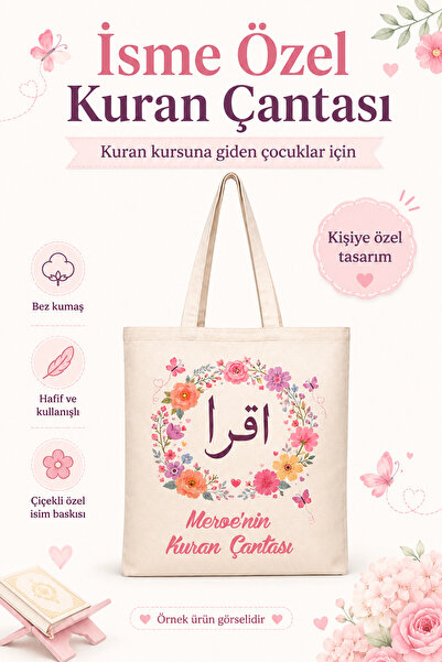 Morinna Kişiye Özel İsimli Kuran Çantası Bez Kumaş Çiçek Desenli Hafif Kullanışlı Kuran Kursu Çantası Mr-01