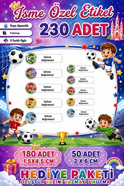 Göktuğ Hediyelik İsme Özel Futbol Temalı Okul Etiketi 230 Adet | Suya Dayanık...
