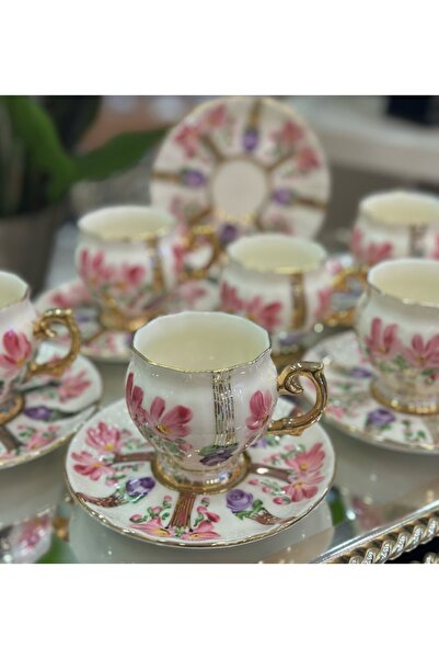 BY.RAYKA PORSELEN El Dekor Buket Porcelain Hand Painted 6 Cup Set