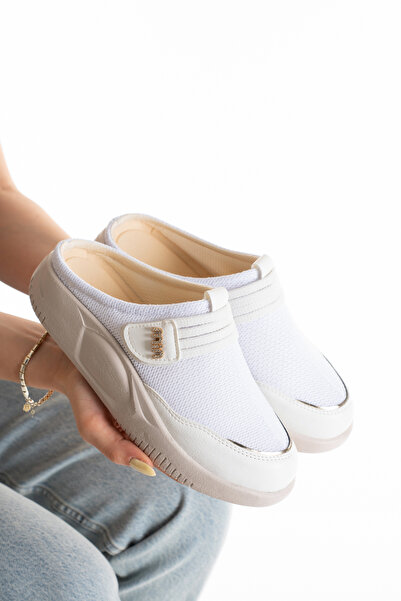 SEFERİ Women's White Orthopedic Sole Comfortable Closed-Front Slippers-Sabo S...
