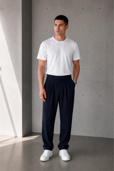 Polo State Erkek Lacivert Baggy Fit Pileli Kumaş Pantolon
