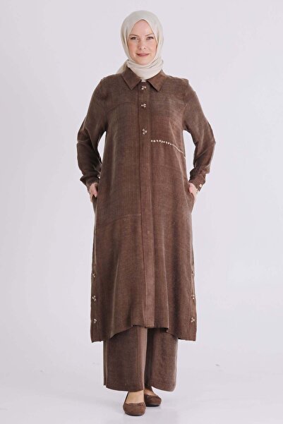 ottoman wear Behrem Büyük Beden Tesettür Pantolonlu Takım Kahve OTW35151