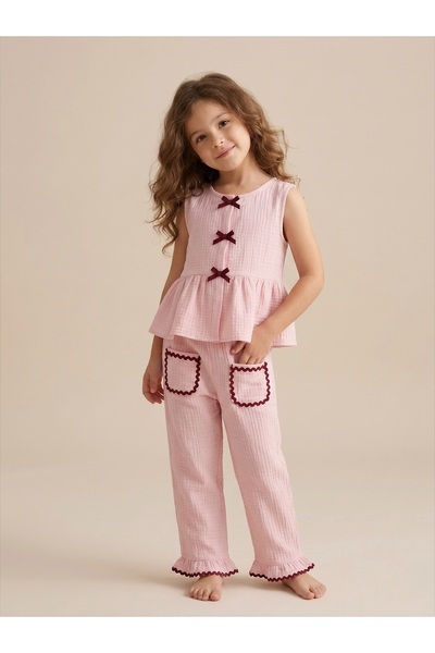 eradkids Muslin Girls' Set – Breathable Cotton Blouse and Pants with Bow Deta...