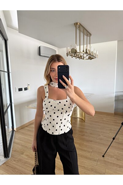 solena sln Bluză corset premium cu buline și eșarfă pentru femei