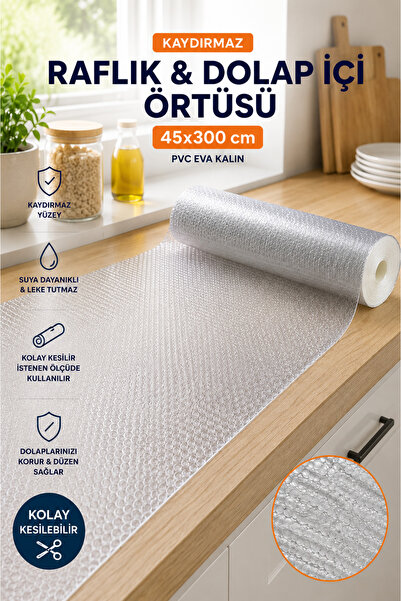 Eco Lounge Şeffaf Kaydırmaz Dolap İçi Raflık Örtüsü 45x300 cm PVC EVA Kesileb...