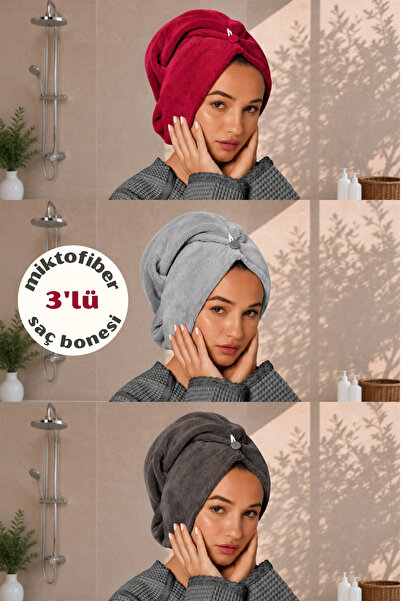 Ellia Soft Soft Bone 3'lü Ultra Emici Kalın Mikrofiber Saç Kurutma Bonesi - H...