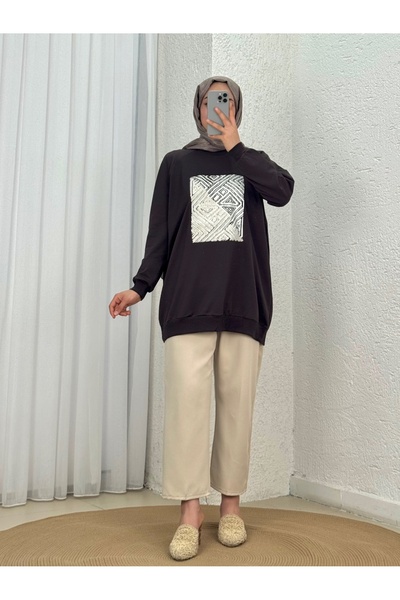 Holehola Akınay Printed and Embroidered Stitching Detail Sweatshirt-Eu2683 Brown