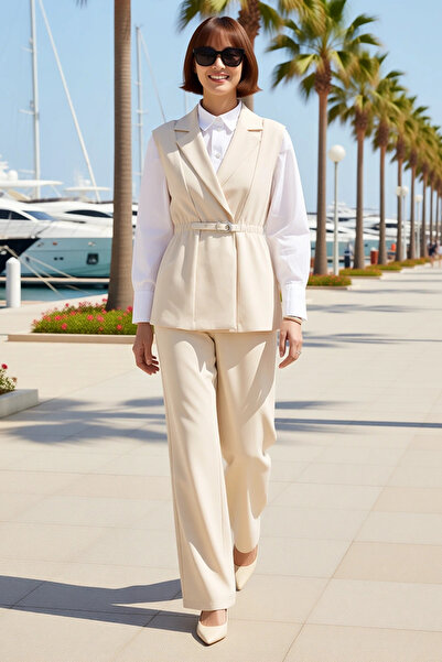 BENERLY Women's Plus Size Jacket Lapel Collar Sleeveless Vest Pants Set Belte...
