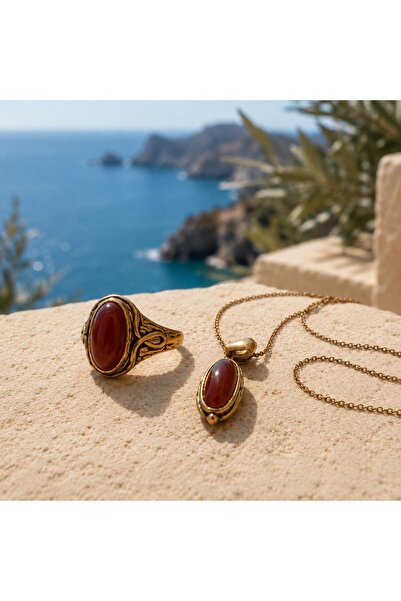 Shinestar atelier Doğal Taşlı Gold Renk Kadın Kolye ve Yüzük Seti Vintage Tas...