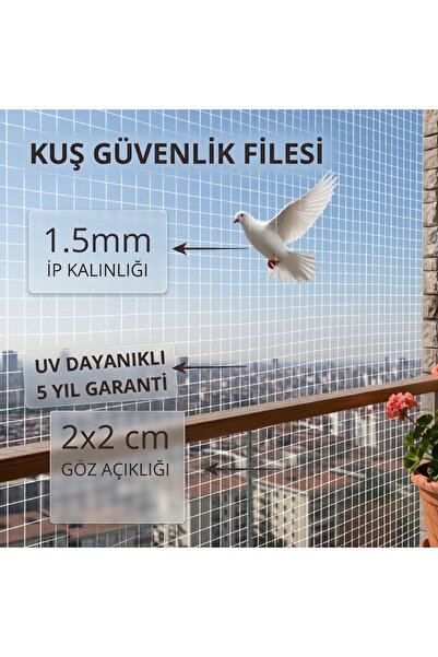 GüneyBey File Kuş Balkon Filesi | 1,5 x 2 Metre | Beyaz | 1.5 mm İp, 2x2 cm G...