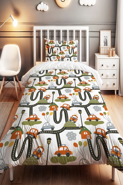 EVPANYA Balloon Car Ride Patterned Single Baby Kids Bedding Set