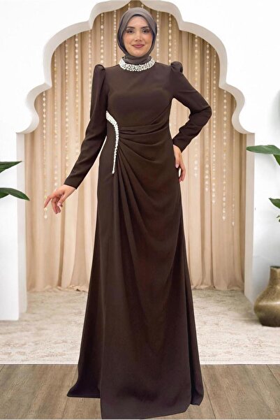 TRENDTESETTÜR KADIN KAHVE DRAPE DETAYLI ABİYE ELBİSE T 5563