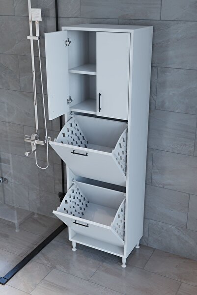 Septemius Nergiz Çok Amaçlı Banyo Dolabı Çift Bölmeli Kirli Çamaşır Sepetli B...