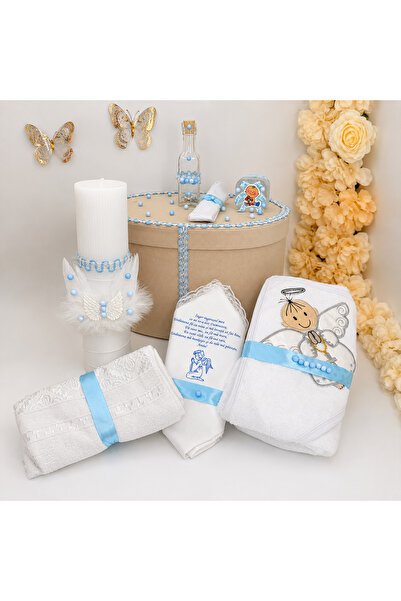 kizu Set de botez pentru băieți cu cutie ovală crem și lumânare decorată – Se...
