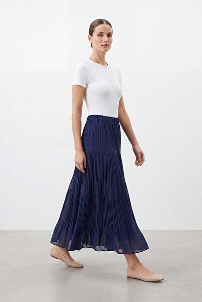 Puane Kadın Beli Lastikli Piliseli Maxi Etek – 18306 ETK - NAVY