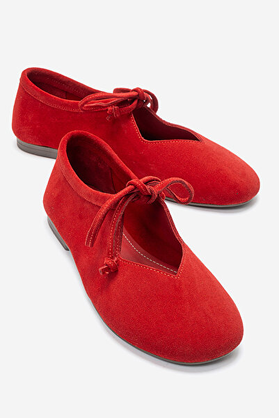 MANCORIGO Genuine Leather Women's Red Suede Lace-Up Ballerinas Lisa