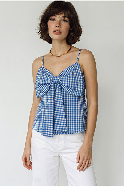 Bianco Lucci Women's V-Neck Bow Detailed Thin Strap Blouse with Gipe Detailed...
