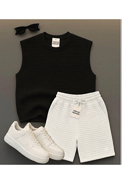 thefun fashion طقم تي شيرت أسود بدون أكمام من القماش المبطن القابل للتنفس وشو...