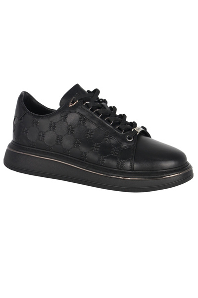 Pierre Cardin Men's Black Tonal Monogram Embossed Leather Platform Sneaker wi...