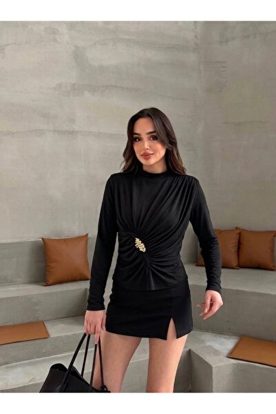 ELAY Fashion Women's Black Long Sleeve Blouse with Gold Accessories and Gathe...